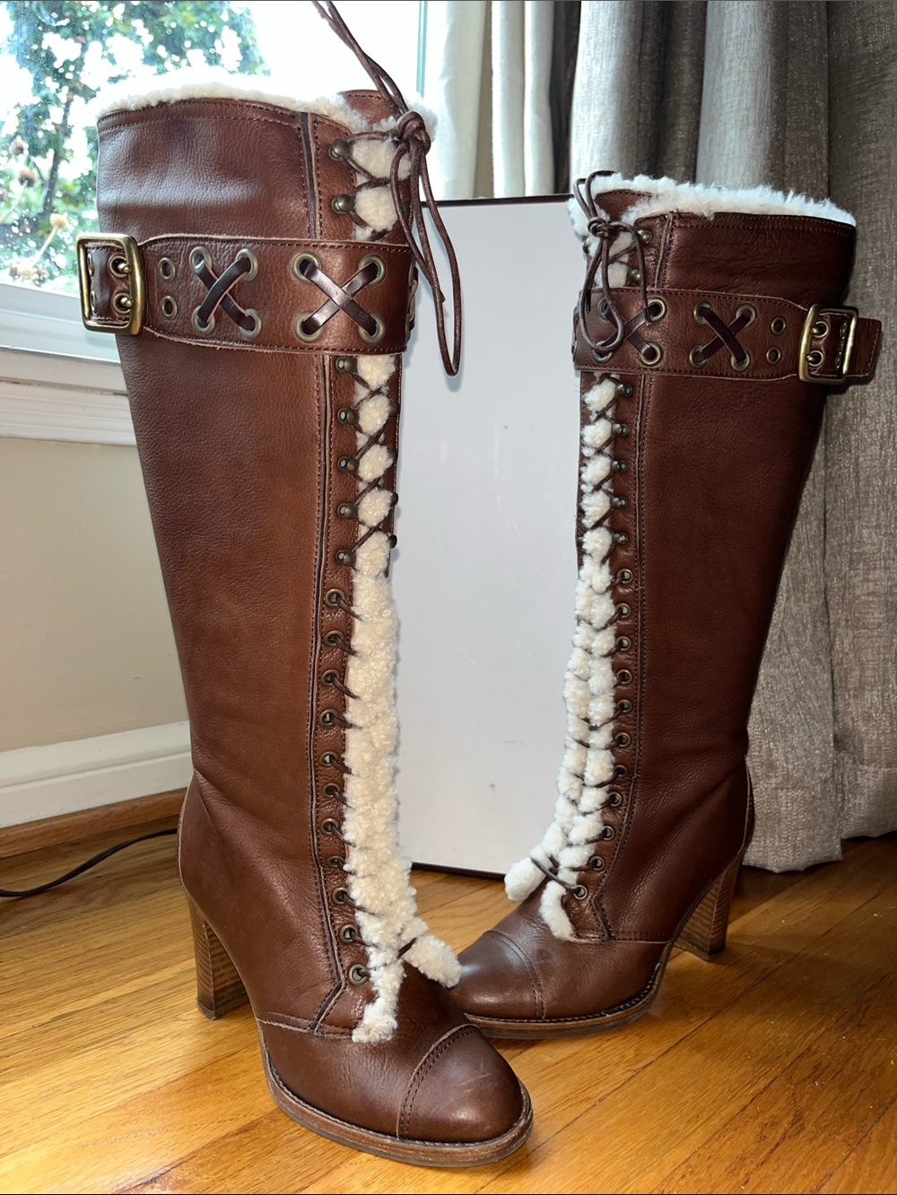 COACH Reece Shearling Italian Leather Knee High Boots Brown Size 6